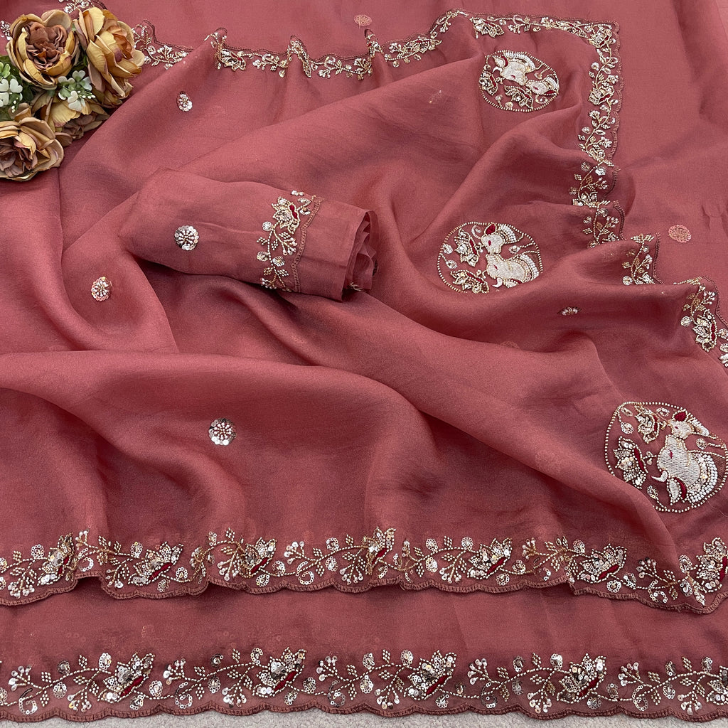 ALKA Tissue Embroidered Sequin Embellished Saree - Dusty Pink