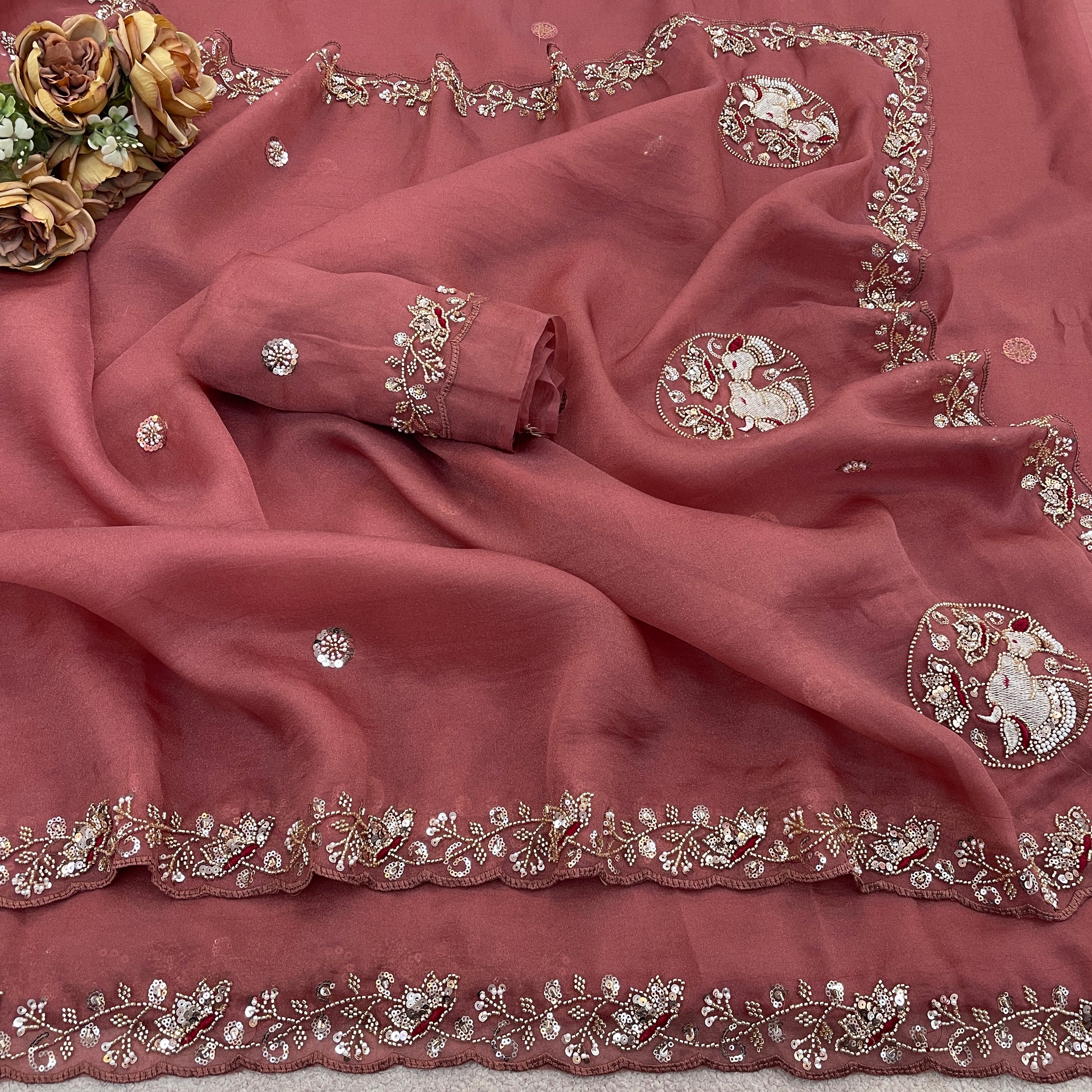 ALKA Tissue Embroidered Sequin Embellished Saree - Dusty Pink