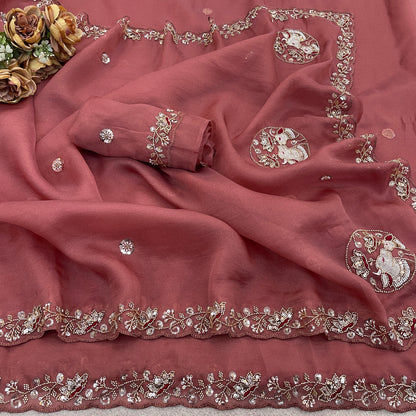 ALKA Tissue Embroidered Sequin Embellished Saree - Dusty Pink