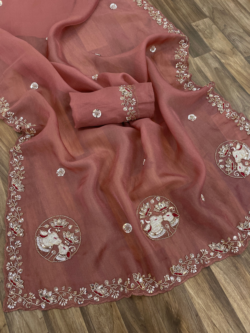 ALKA Tissue Embroidered Sequin Embellished Saree - Dusty Pink