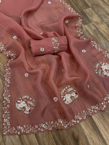 ALKA Tissue Embroidered Sequin Embellished Saree - Dusty Pink