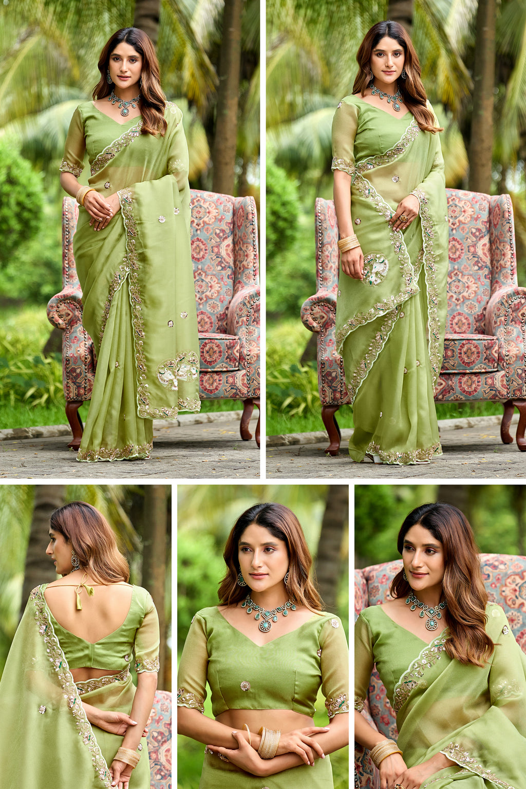 ALKA Tissue Embroidered Sequin Embellished Saree - Dusty Pista