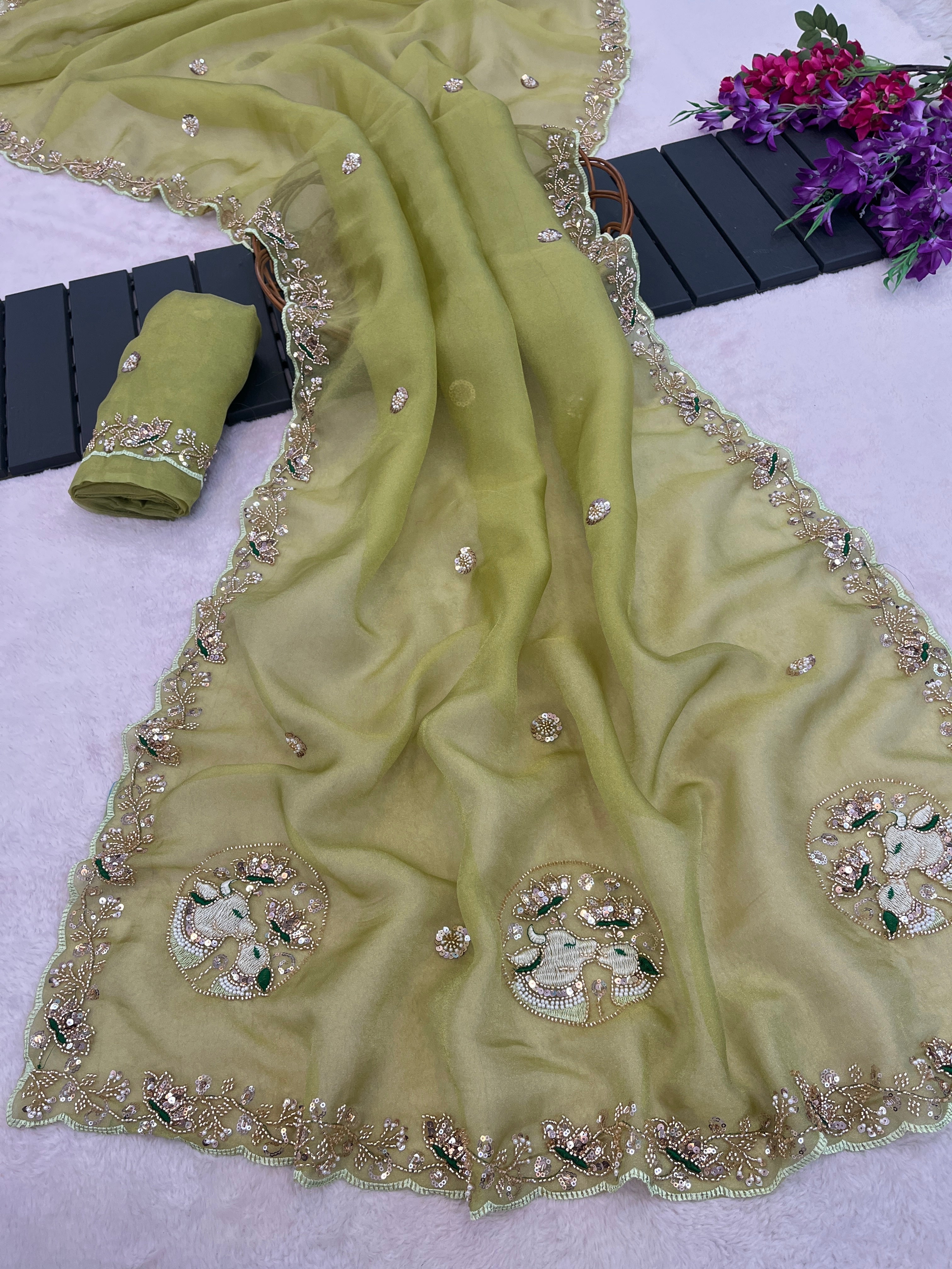 ALKA Tissue Embroidered Sequin Embellished Saree - Dusty Pista