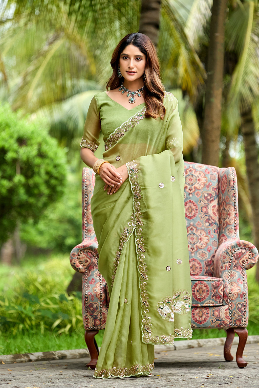 ALKA Tissue Embroidered Sequin Embellished Saree - Dusty Pista