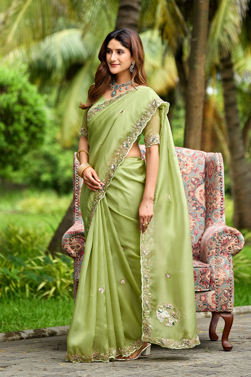 ALKA Tissue Embroidered Sequin Embellished Saree - Dusty Pista