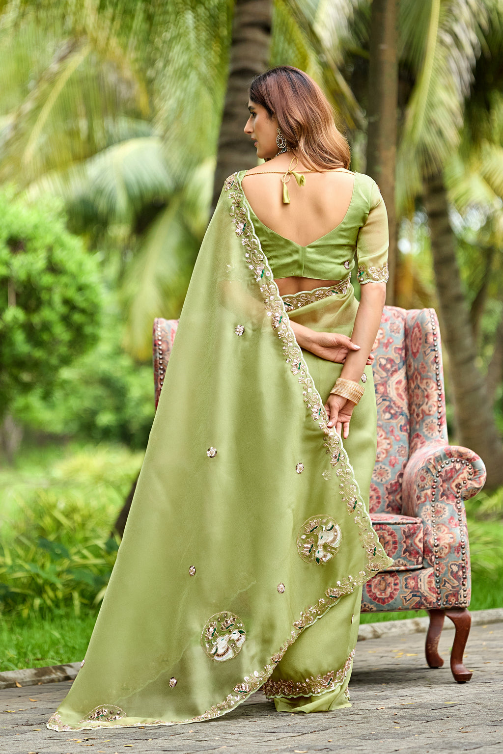 ALKA Tissue Embroidered Sequin Embellished Saree - Dusty Pista