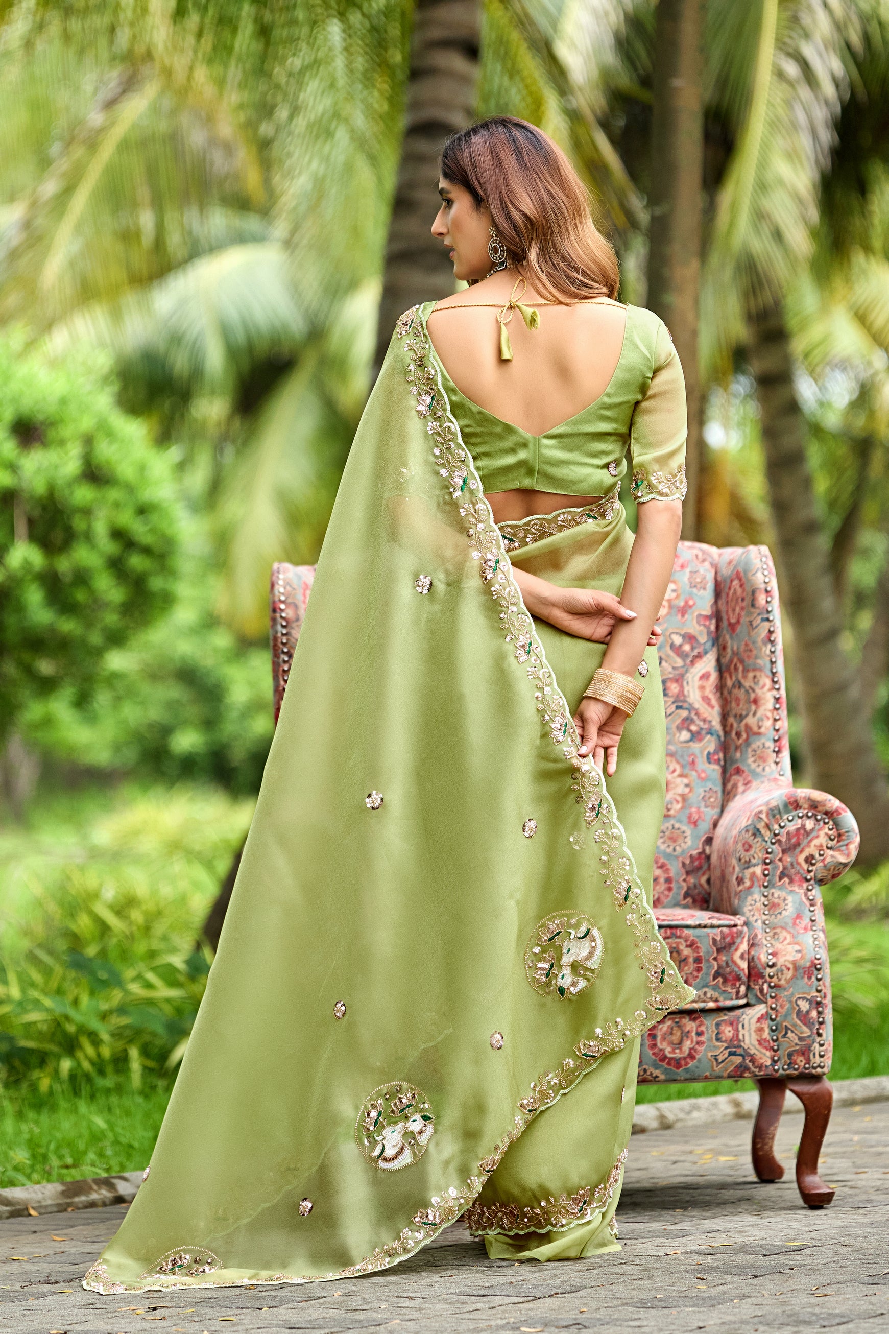 ALKA Tissue Embroidered Sequin Embellished Saree - Dusty Pista