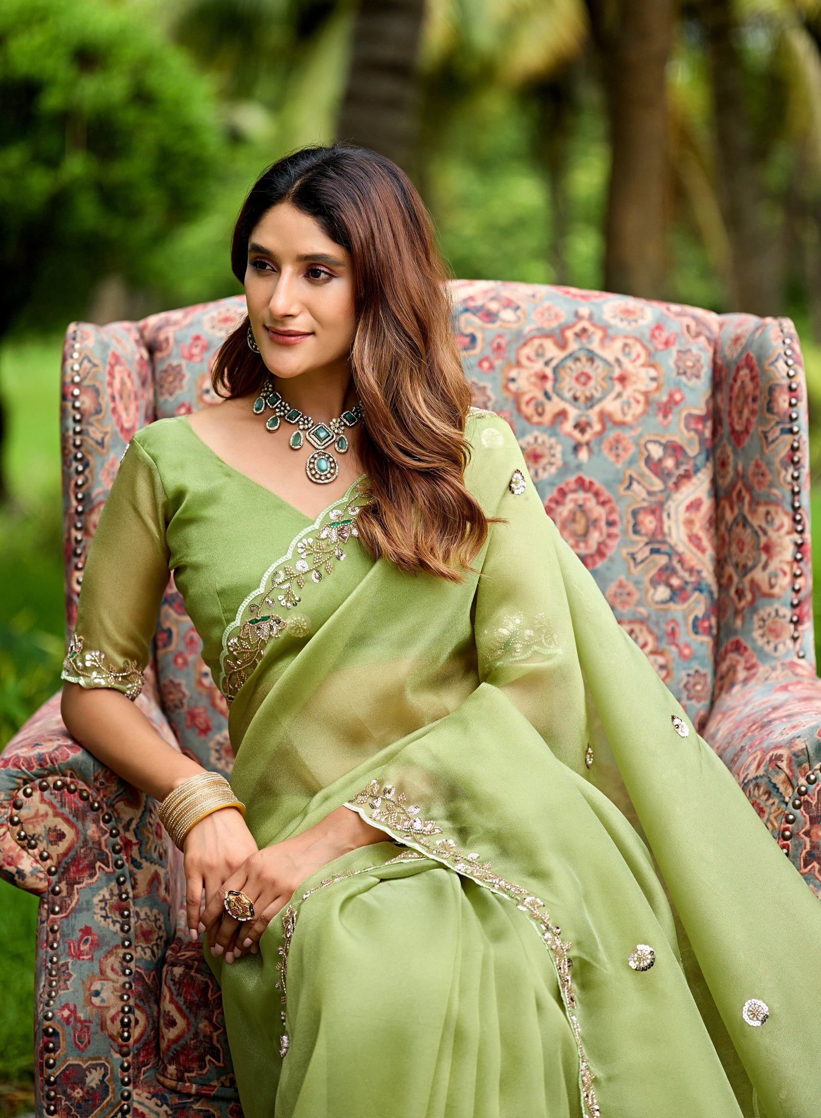ALKA Tissue Embroidered Sequin Embellished Saree - Dusty Pista