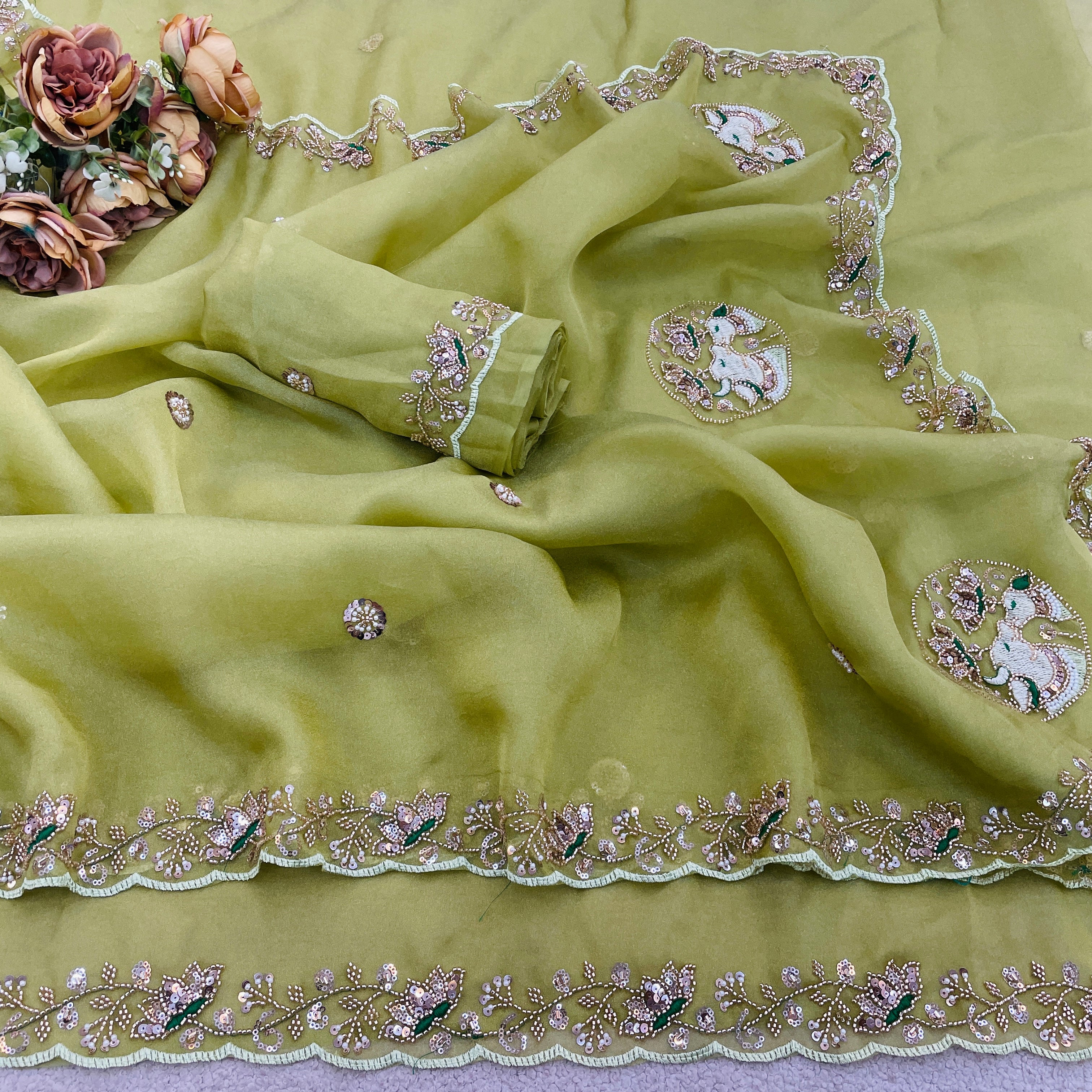 ALKA Tissue Embroidered Sequin Embellished Saree - Dusty Pista