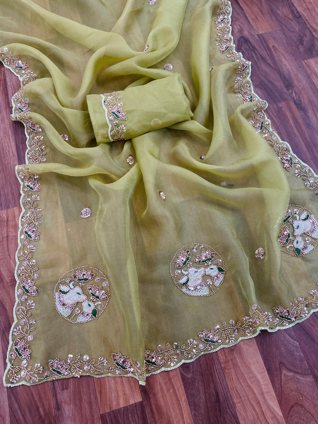 ALKA Tissue Embroidered Sequin Embellished Saree - Dusty Pista