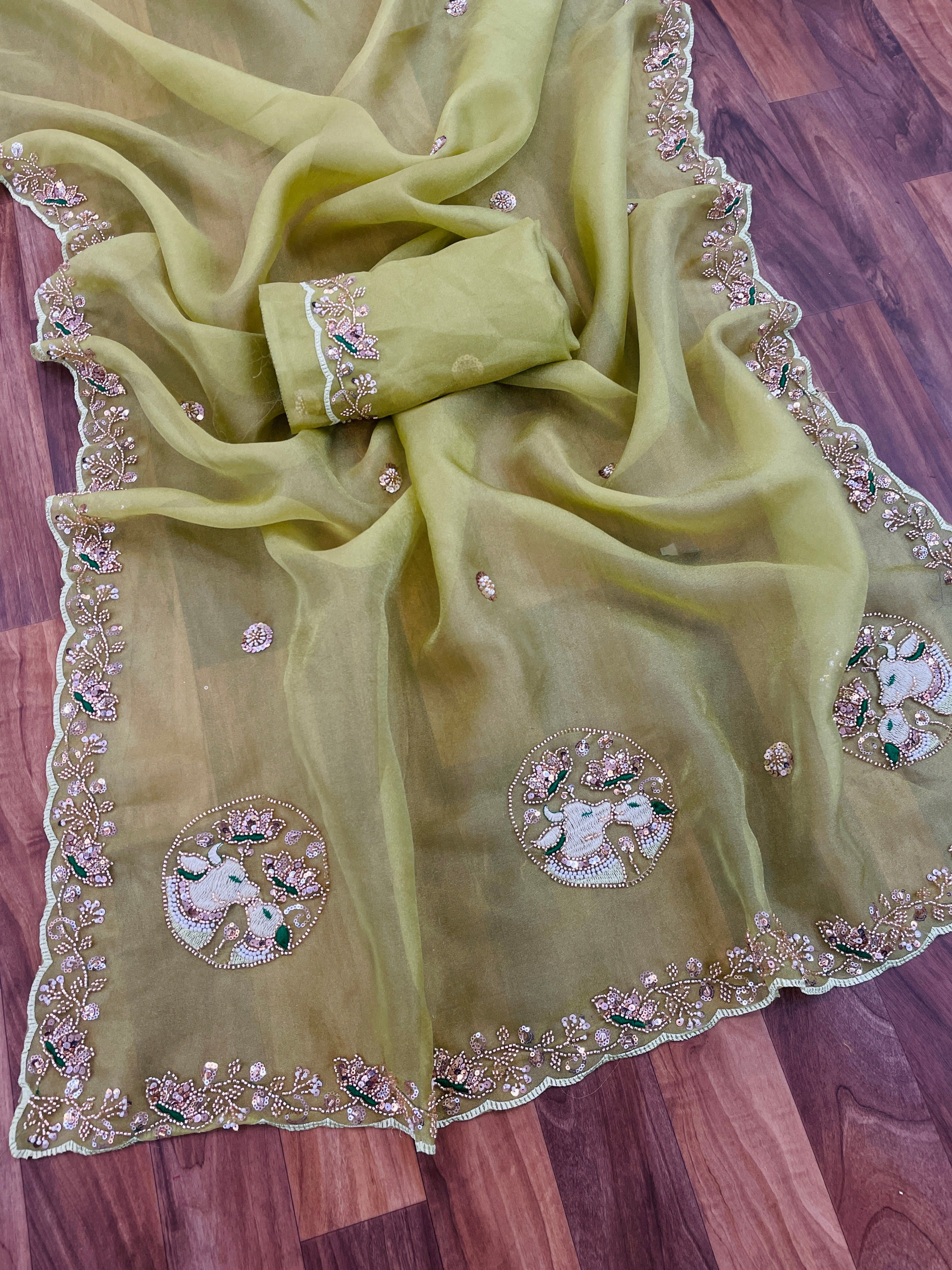 ALKA Tissue Embroidered Sequin Embellished Saree - Dusty Pista
