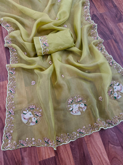 ALKA Tissue Embroidered Sequin Embellished Saree - Dusty Pista