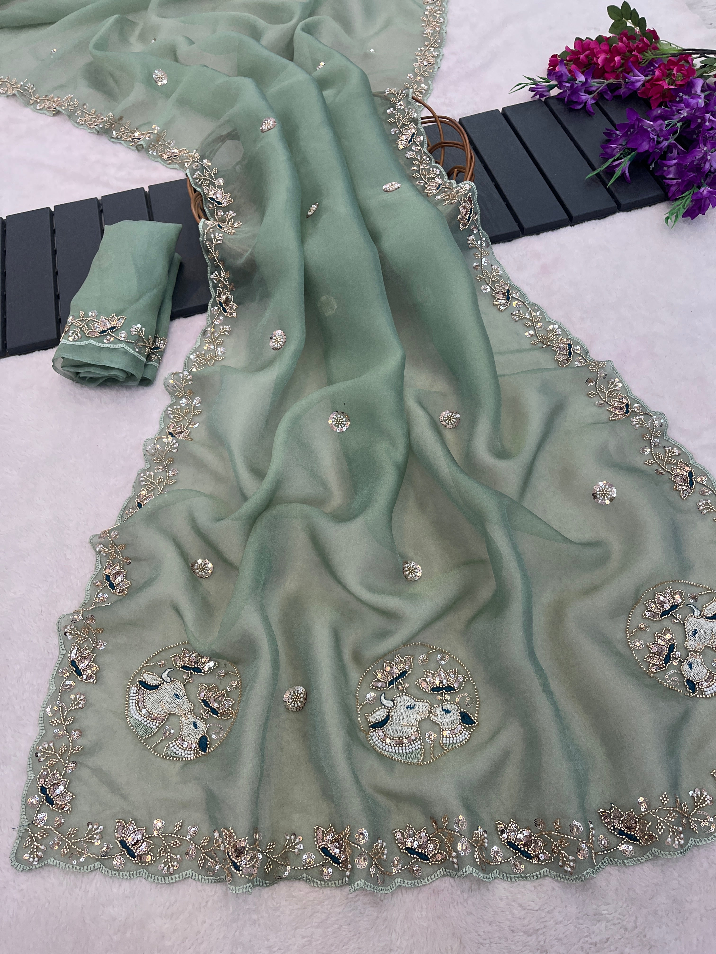 ALKA Tissue Embroidered Sequin Embellished Saree - Dusty Rama