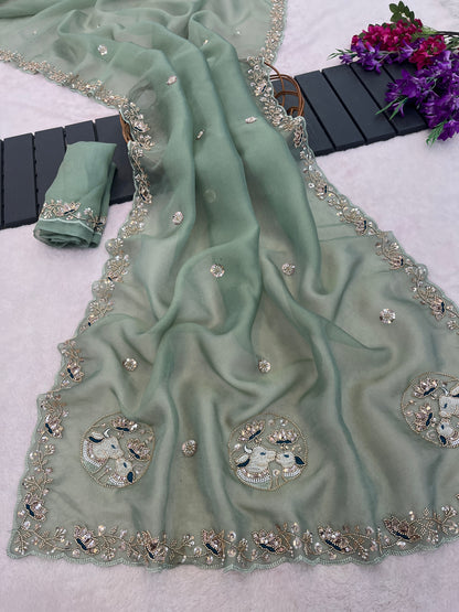 ALKA Tissue Embroidered Sequin Embellished Saree - Dusty Rama