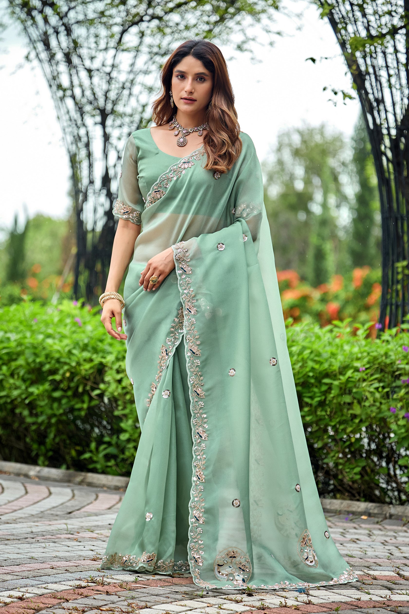 ALKA Tissue Embroidered Sequin Embellished Saree - Dusty Rama