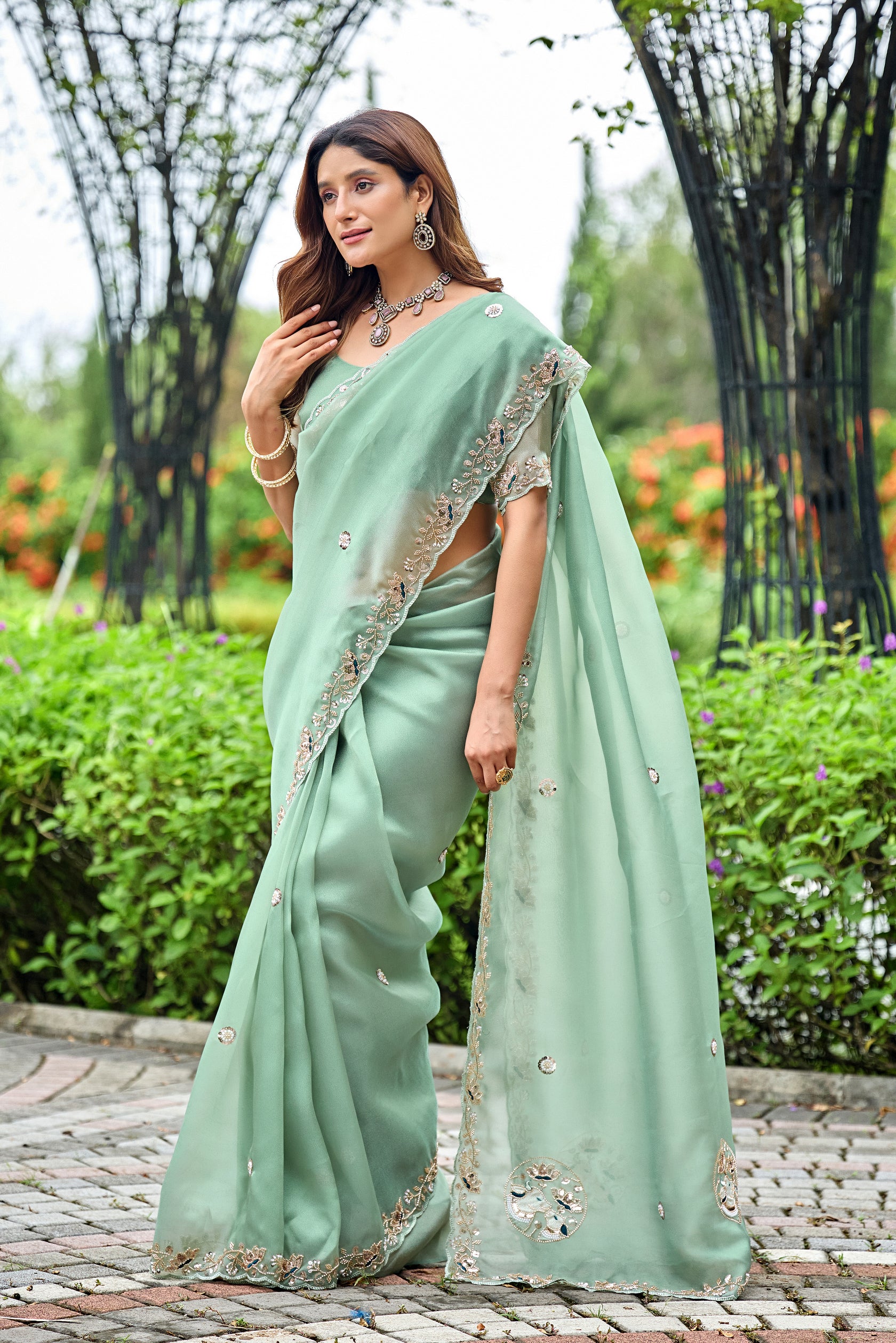 ALKA Tissue Embroidered Sequin Embellished Saree - Dusty Rama