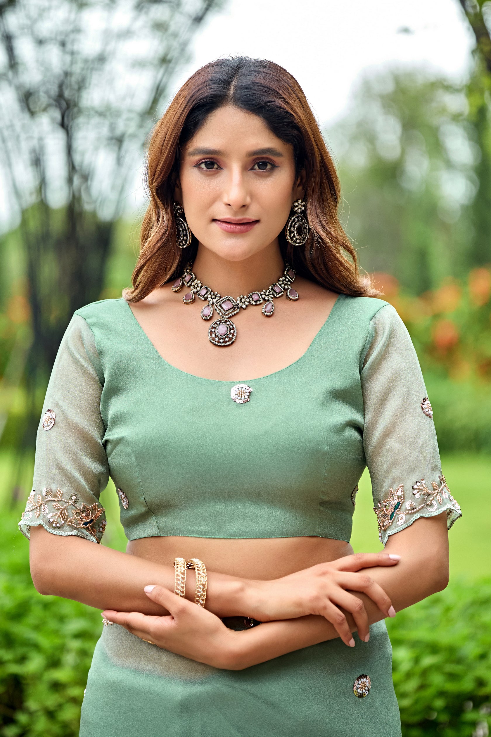 ALKA Tissue Embroidered Sequin Embellished Saree - Dusty Rama