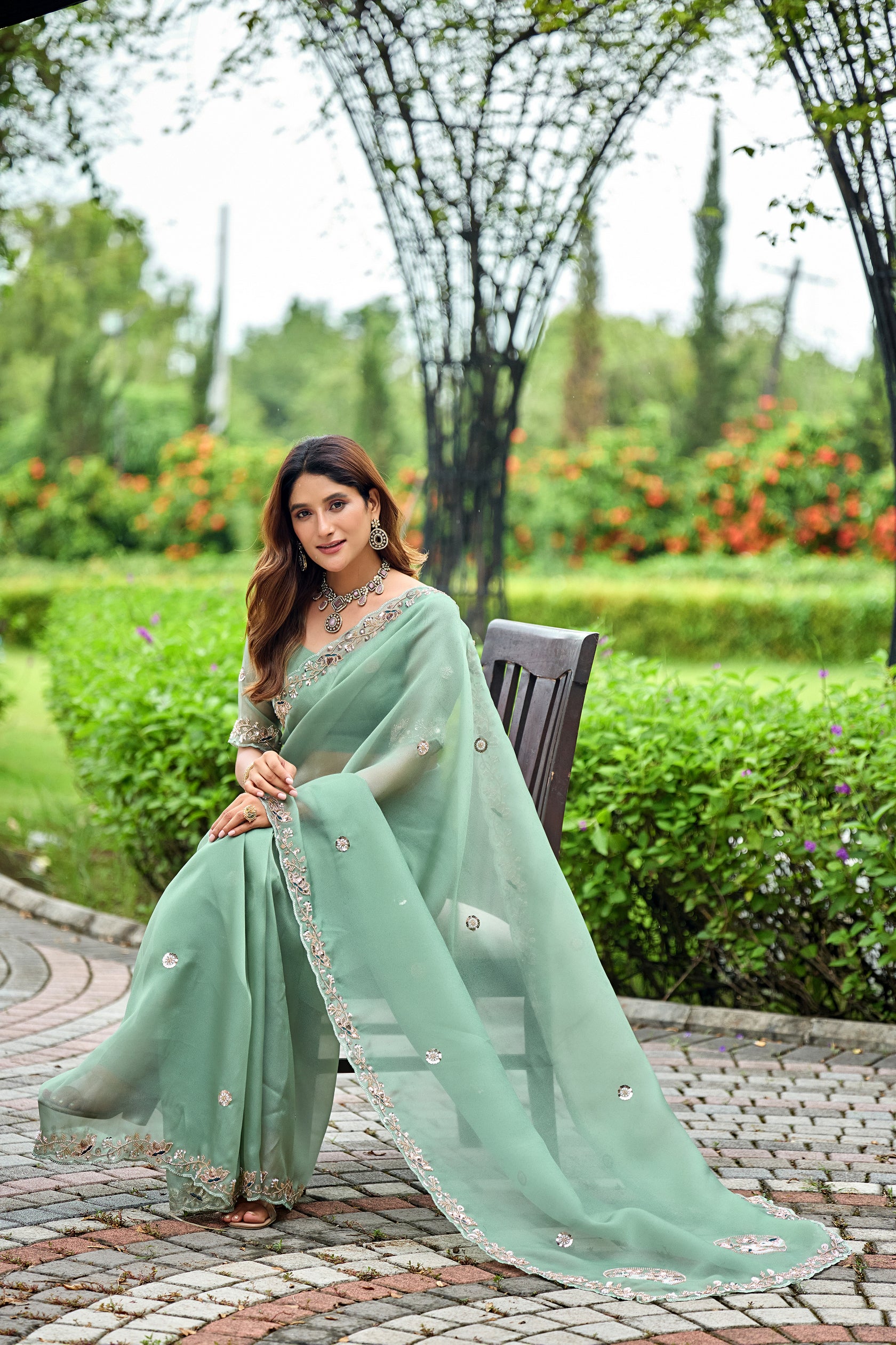 ALKA Tissue Embroidered Sequin Embellished Saree - Dusty Rama