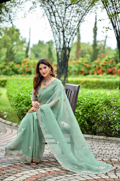 ALKA Tissue Embroidered Sequin Embellished Saree - Dusty Rama