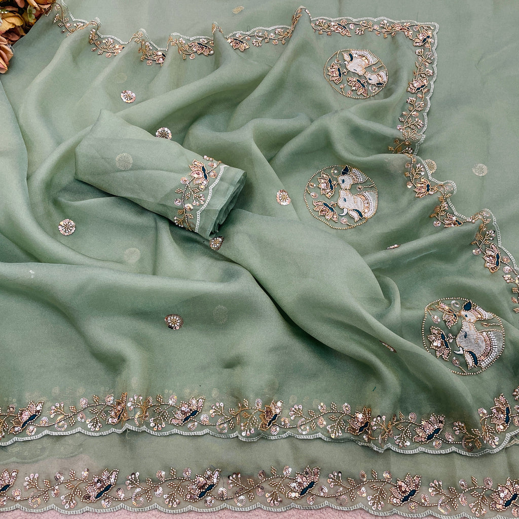 ALKA Tissue Embroidered Sequin Embellished Saree - Dusty Rama