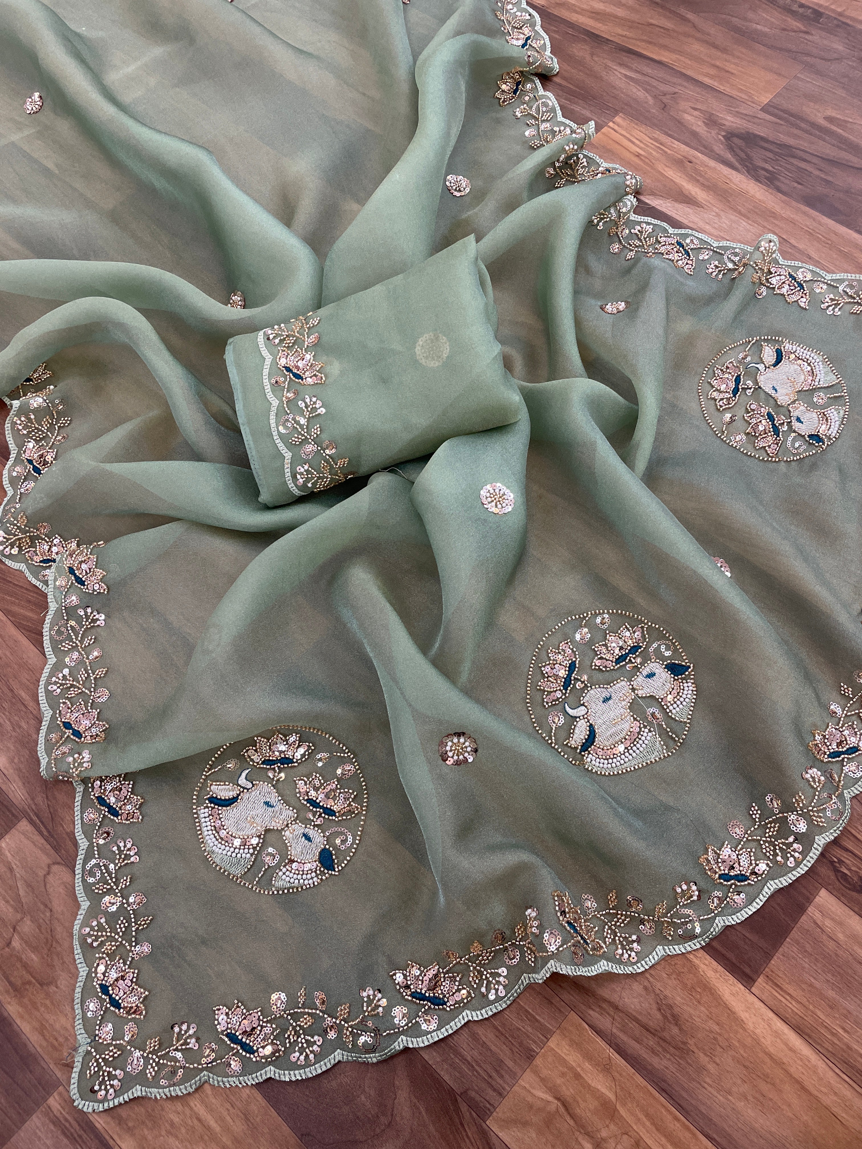 ALKA Tissue Embroidered Sequin Embellished Saree - Dusty Rama