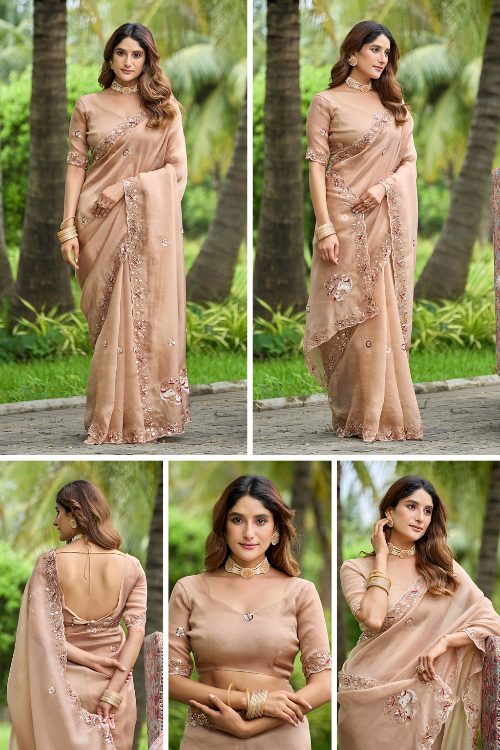ALKA Tissue Embroidered Sequin Embellished Saree - Light Chicku
