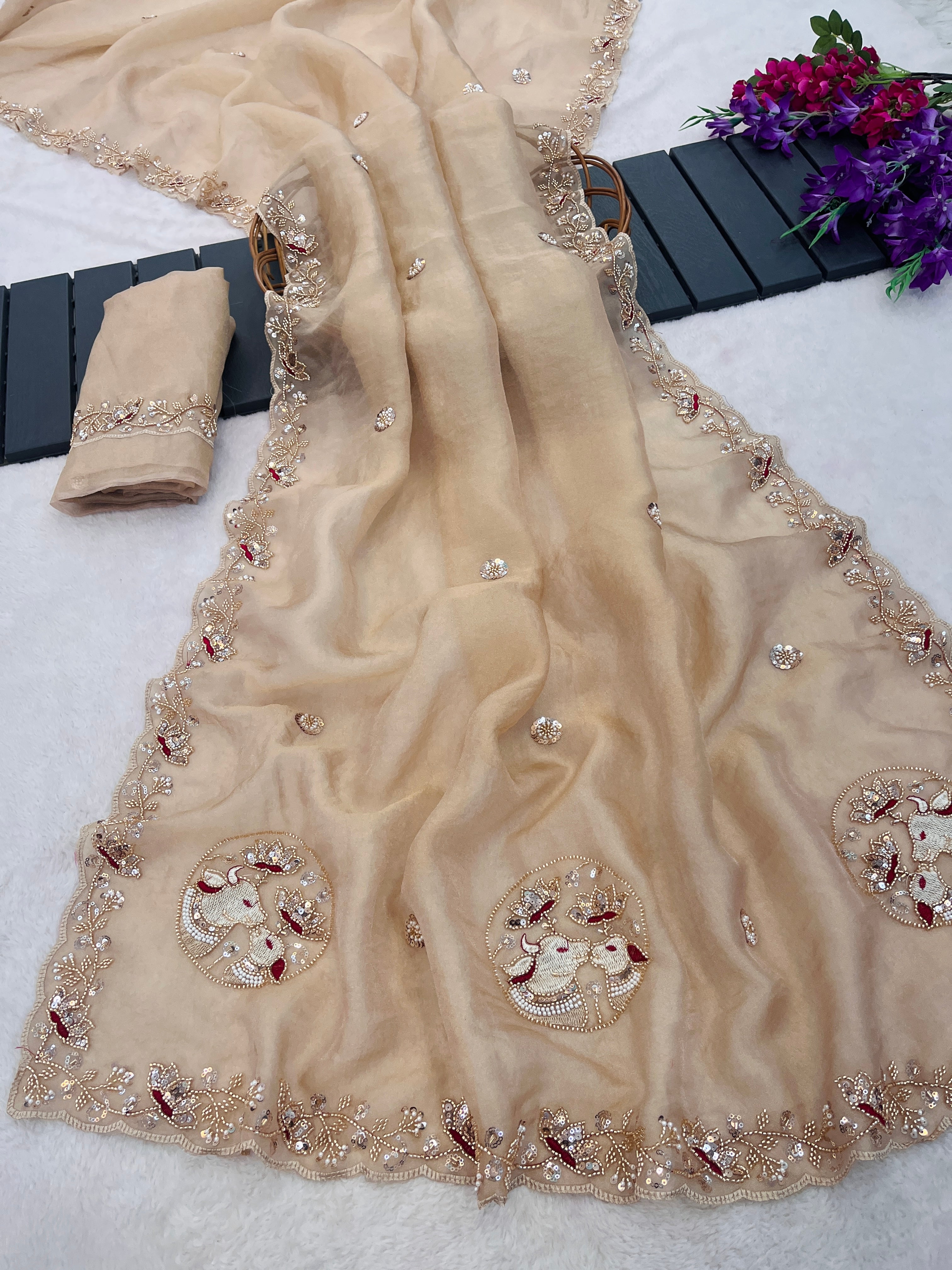 ALKA Tissue Embroidered Sequin Embellished Saree - Light Chicku