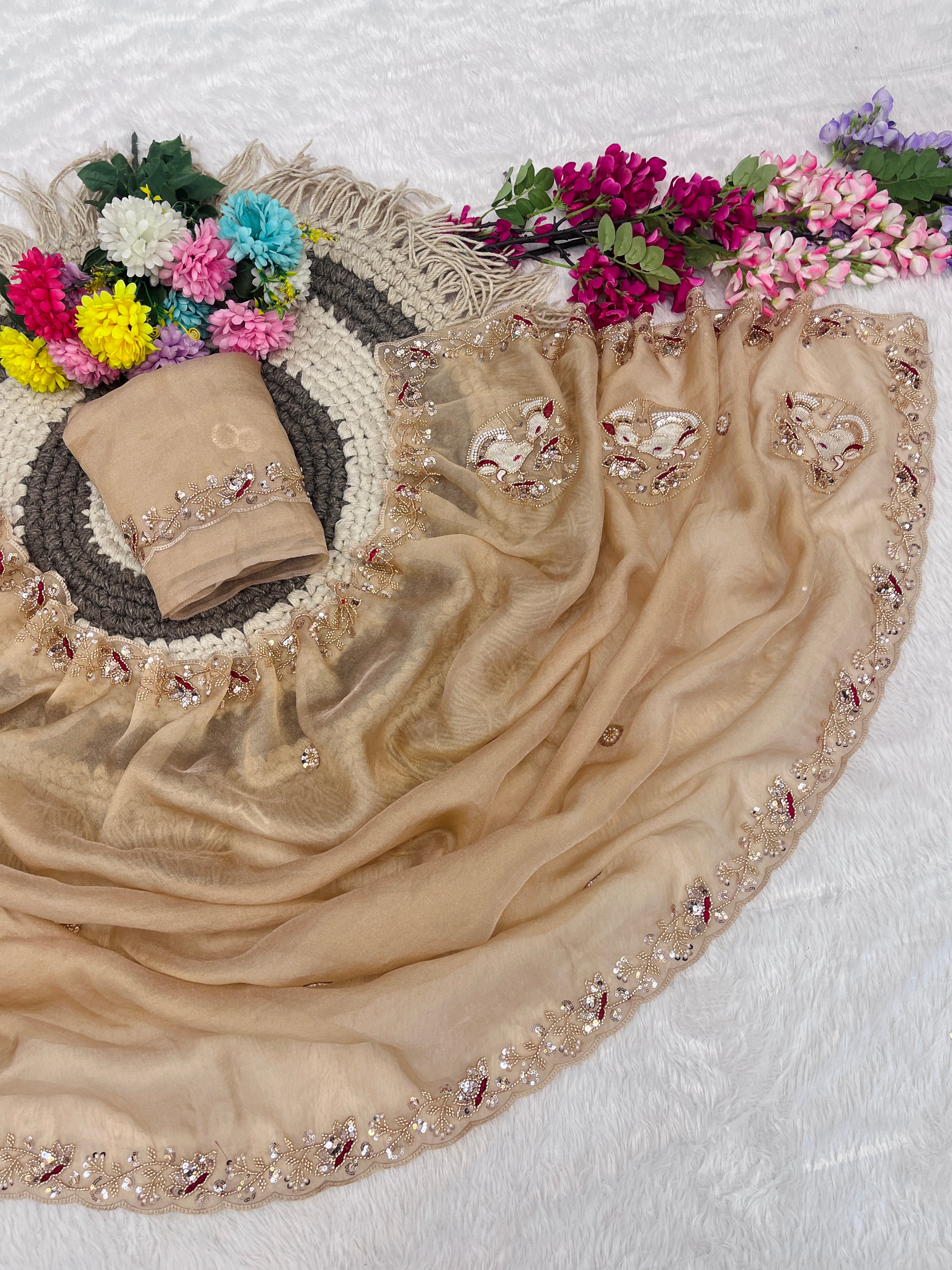 ALKA Tissue Embroidered Sequin Embellished Saree - Light Chicku