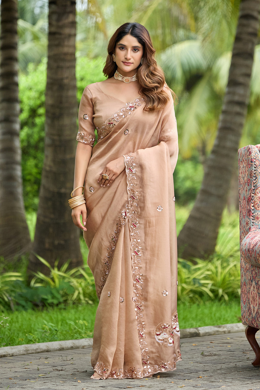 ALKA Tissue Embroidered Sequin Embellished Saree - Light Chicku