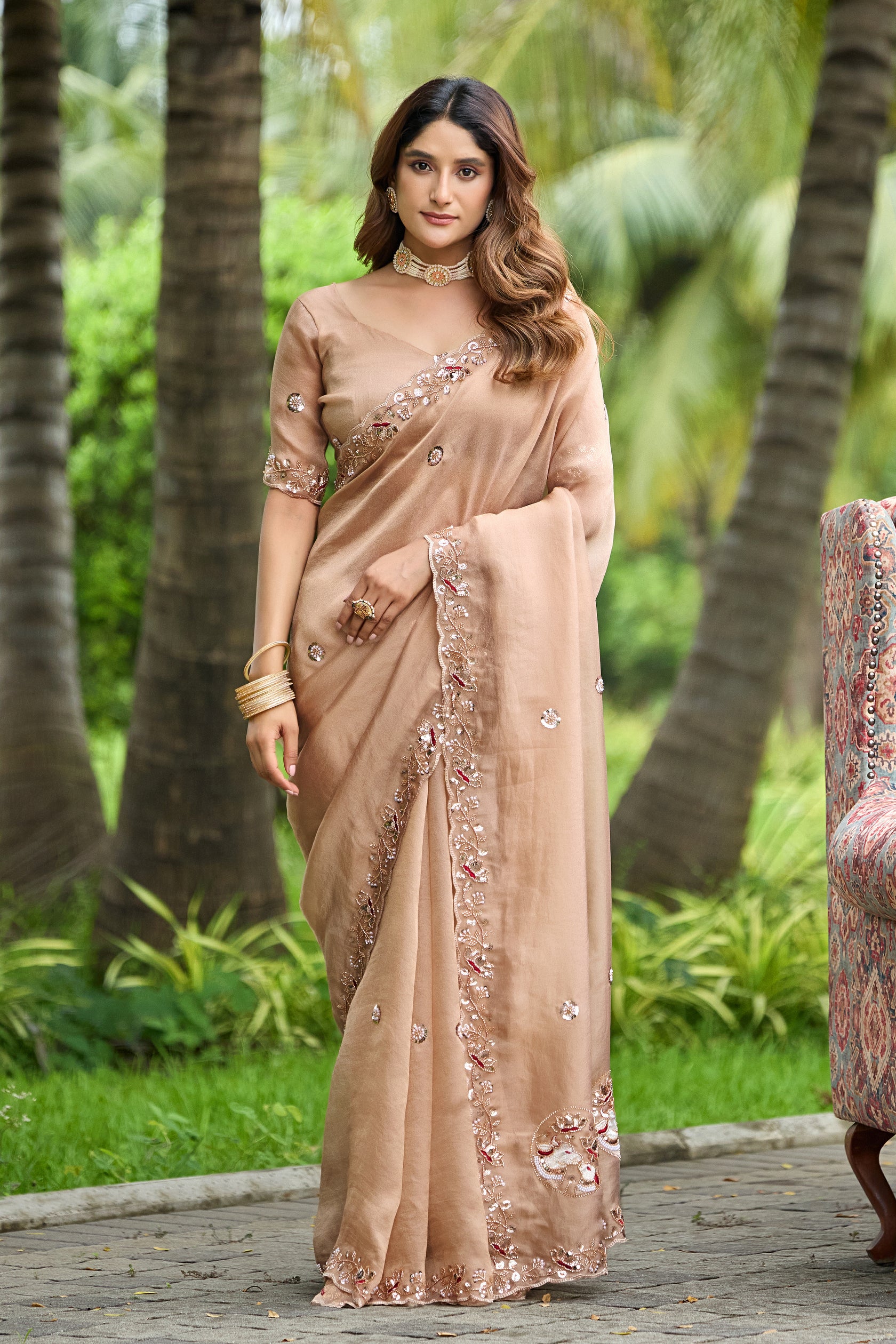 ALKA Tissue Embroidered Sequin Embellished Saree - Light Chicku