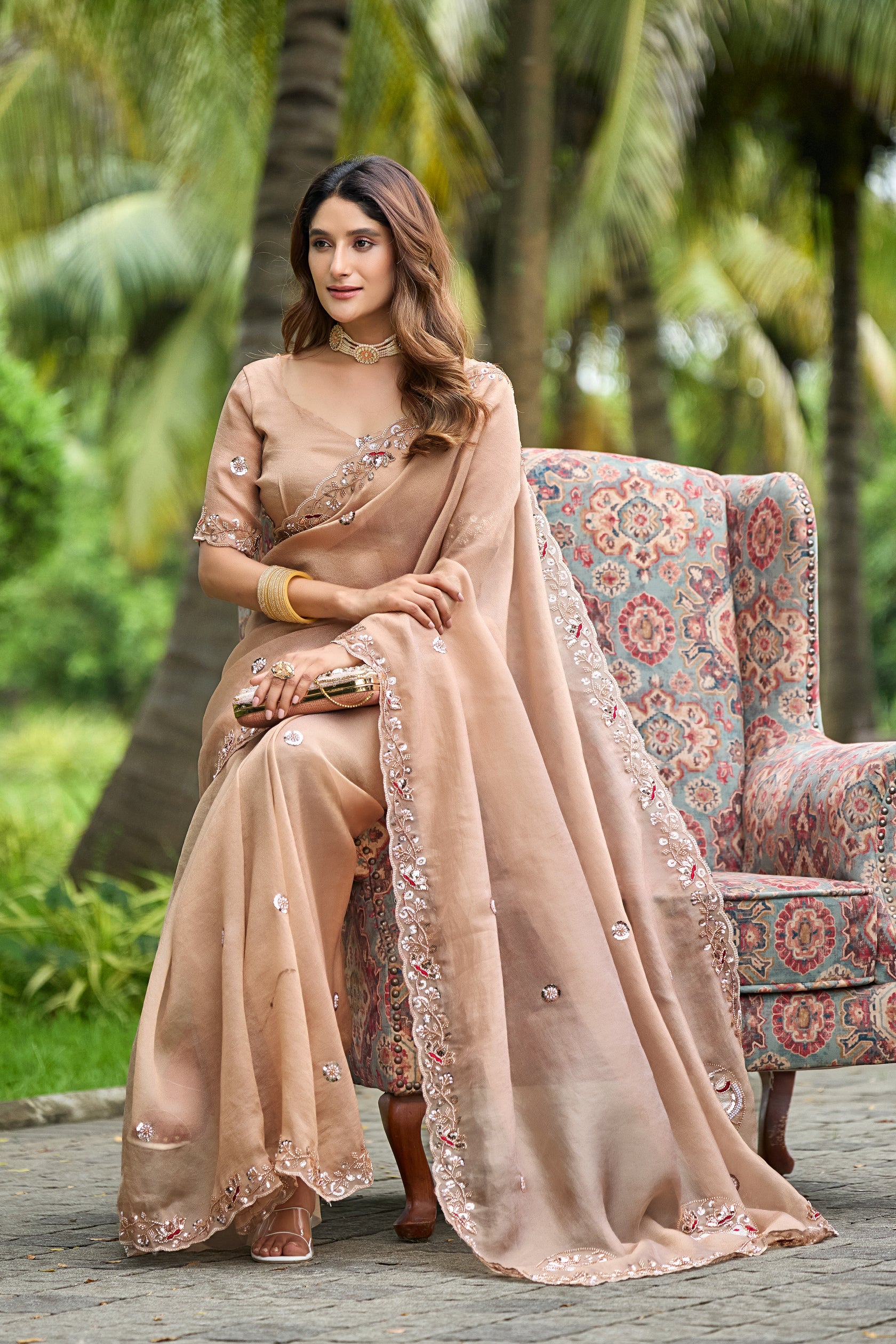 ALKA Tissue Embroidered Sequin Embellished Saree - Light Chicku
