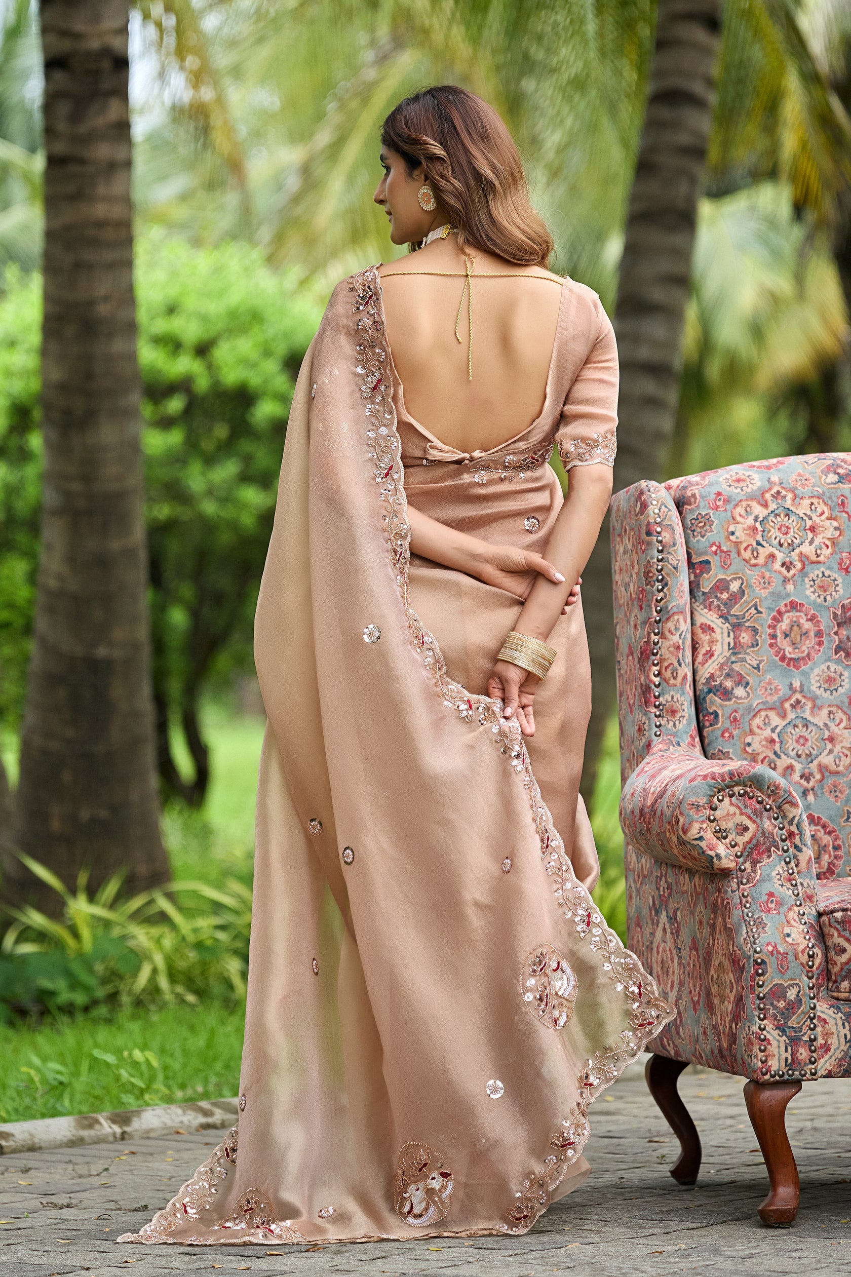 ALKA Tissue Embroidered Sequin Embellished Saree - Light Chicku