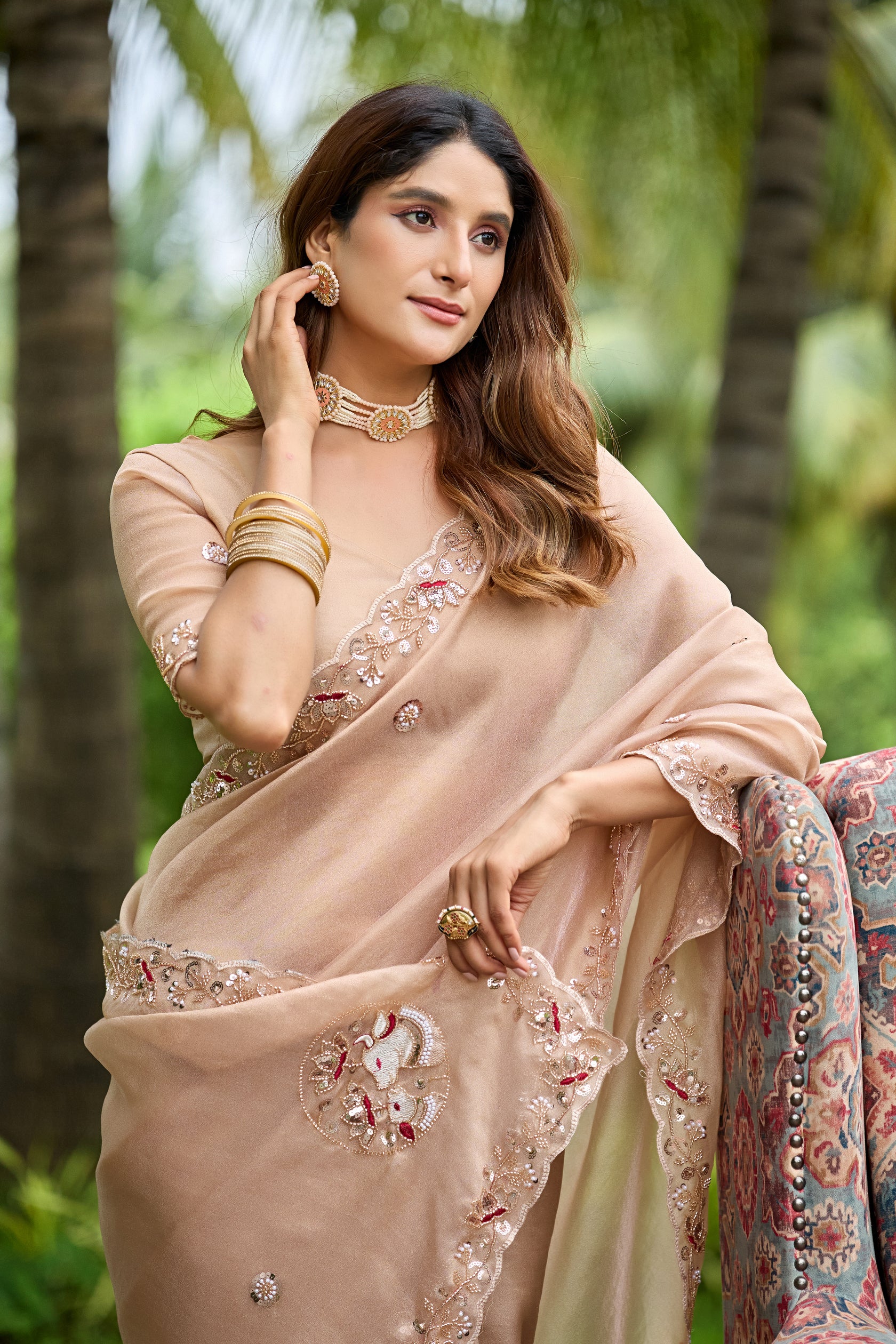 ALKA Tissue Embroidered Sequin Embellished Saree - Light Chicku