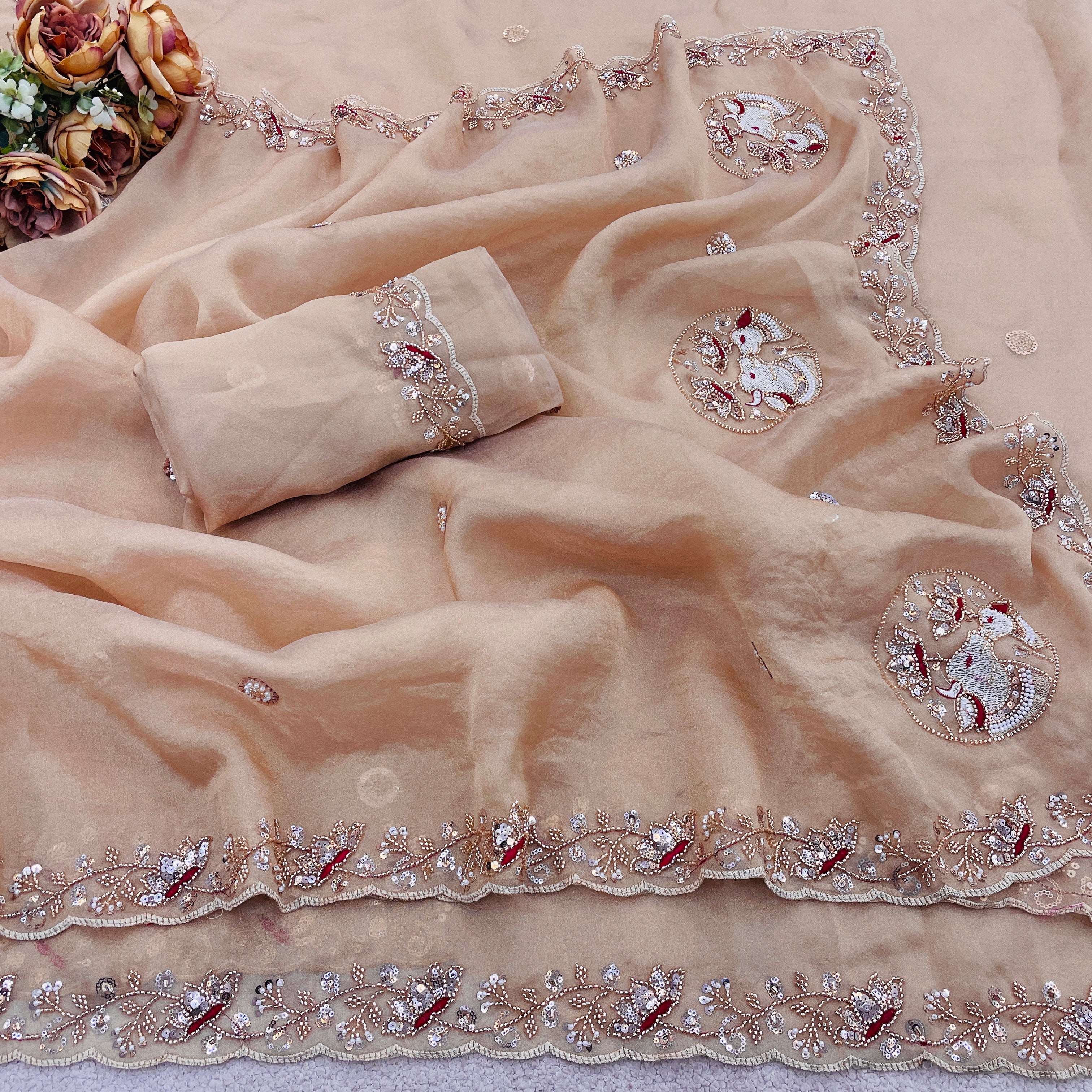 ALKA Tissue Embroidered Sequin Embellished Saree - Light Chicku