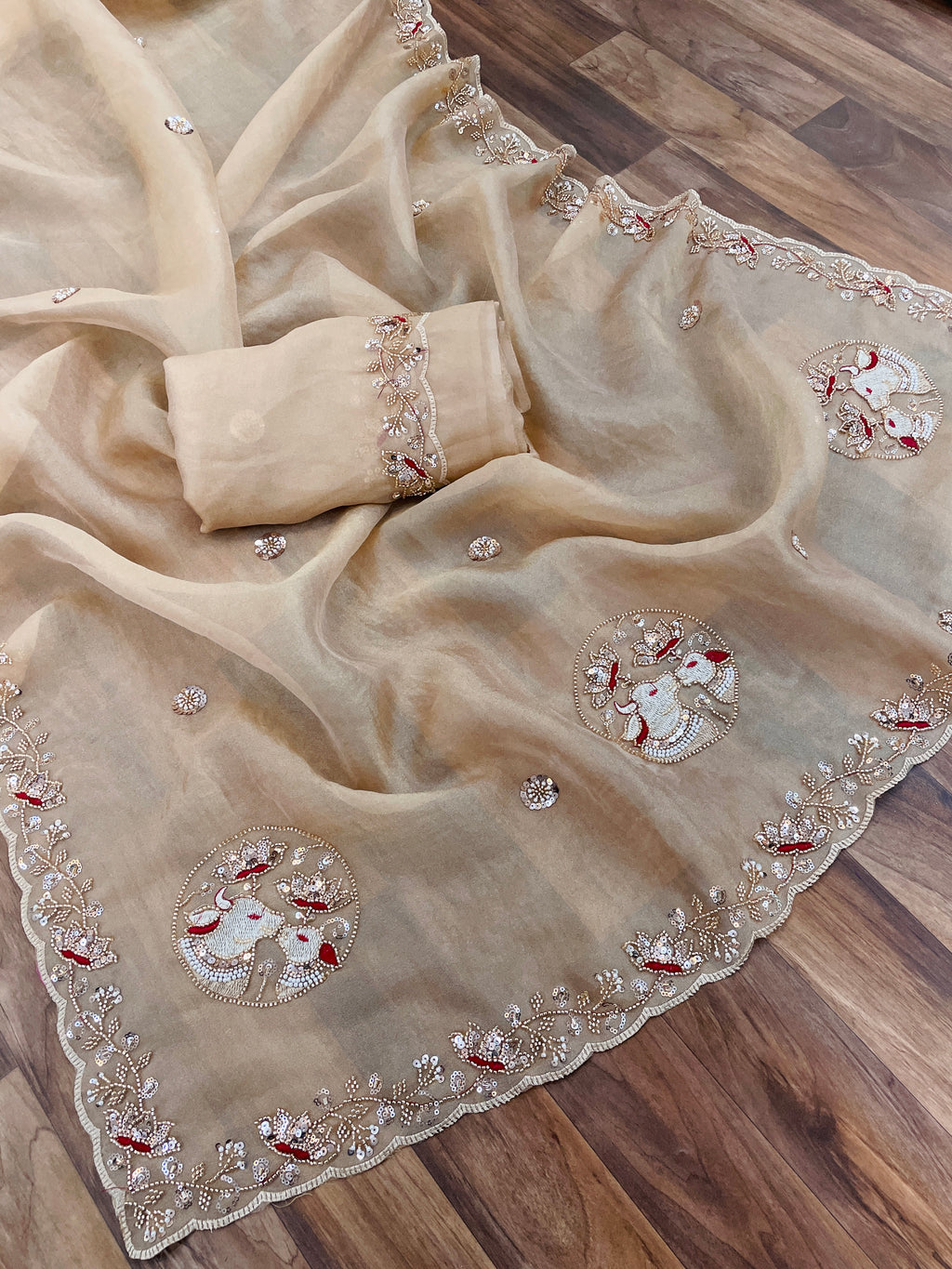 ALKA Tissue Embroidered Sequin Embellished Saree - Light Chicku