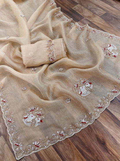ALKA Tissue Embroidered Sequin Embellished Saree - Light Chicku