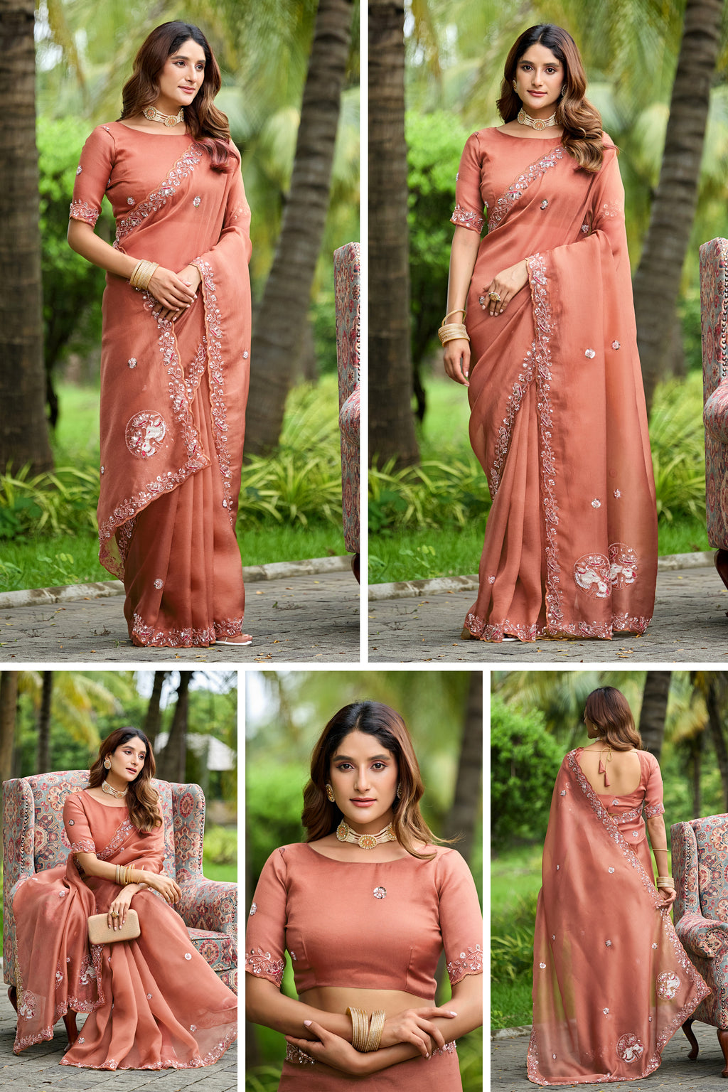 ALKA Tissue Embroidered Sequin Embellished Saree - Light Gajri