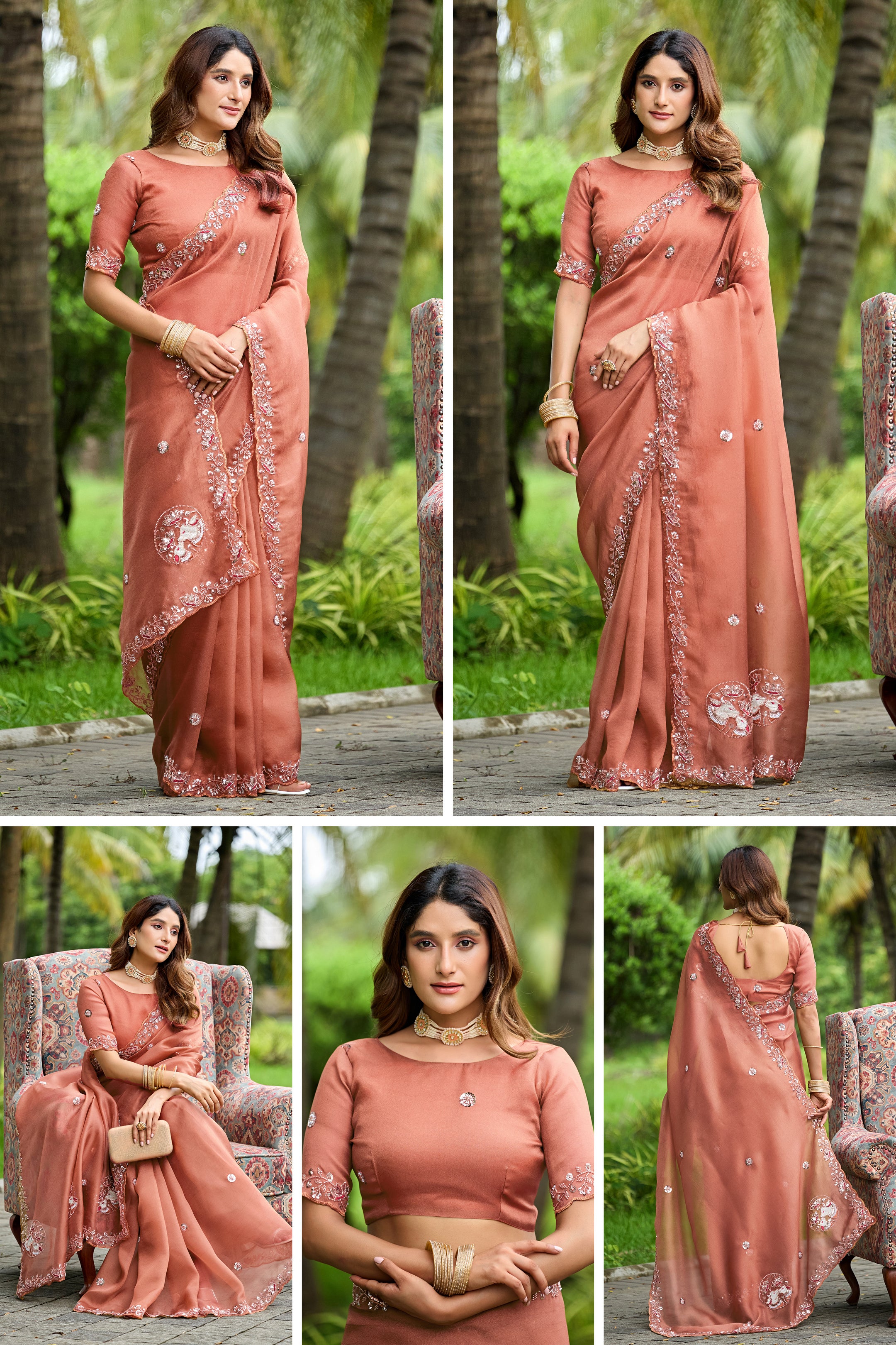 ALKA Tissue Embroidered Sequin Embellished Saree - Light Gajri