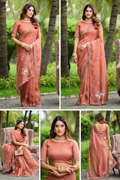 ALKA Tissue Embroidered Sequin Embellished Saree - Light Gajri