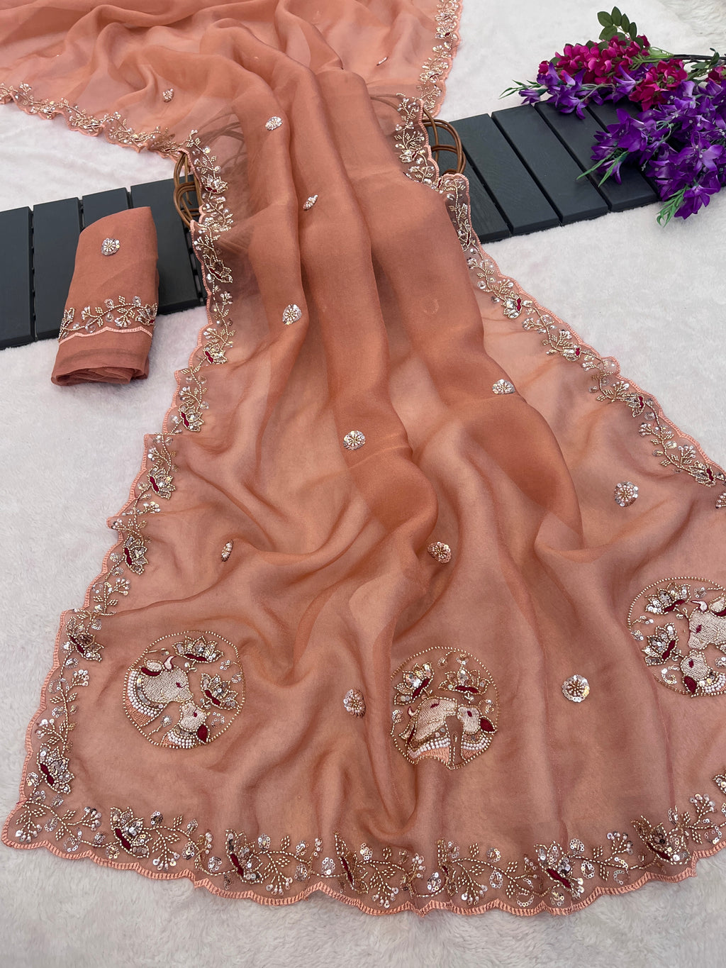 ALKA Tissue Embroidered Sequin Embellished Saree - Light Gajri