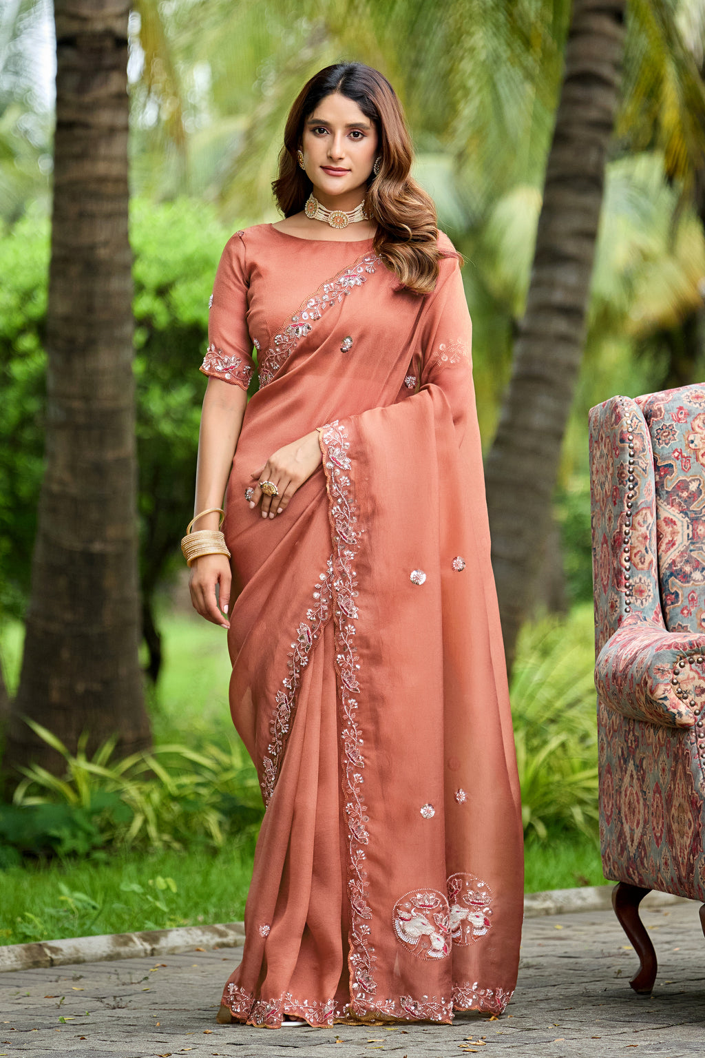 ALKA Tissue Embroidered Sequin Embellished Saree - Light Gajri