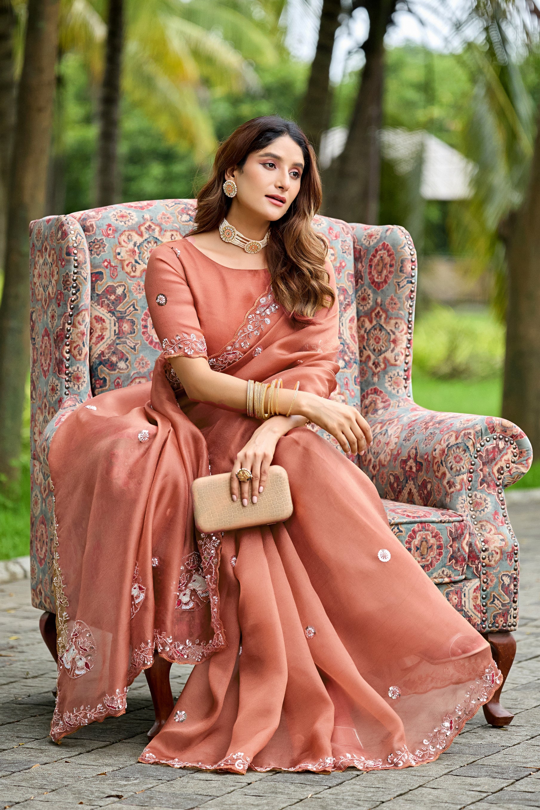ALKA Tissue Embroidered Sequin Embellished Saree - Light Gajri