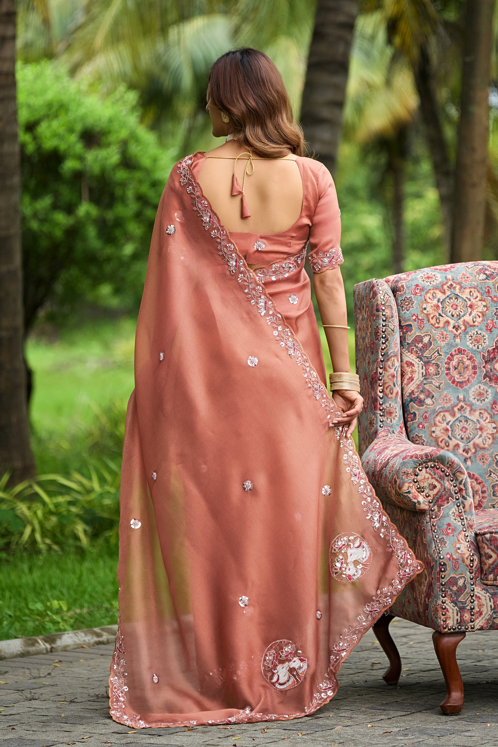 ALKA Tissue Embroidered Sequin Embellished Saree - Light Gajri