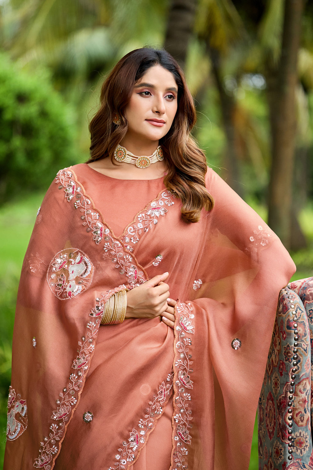 ALKA Tissue Embroidered Sequin Embellished Saree - Light Gajri