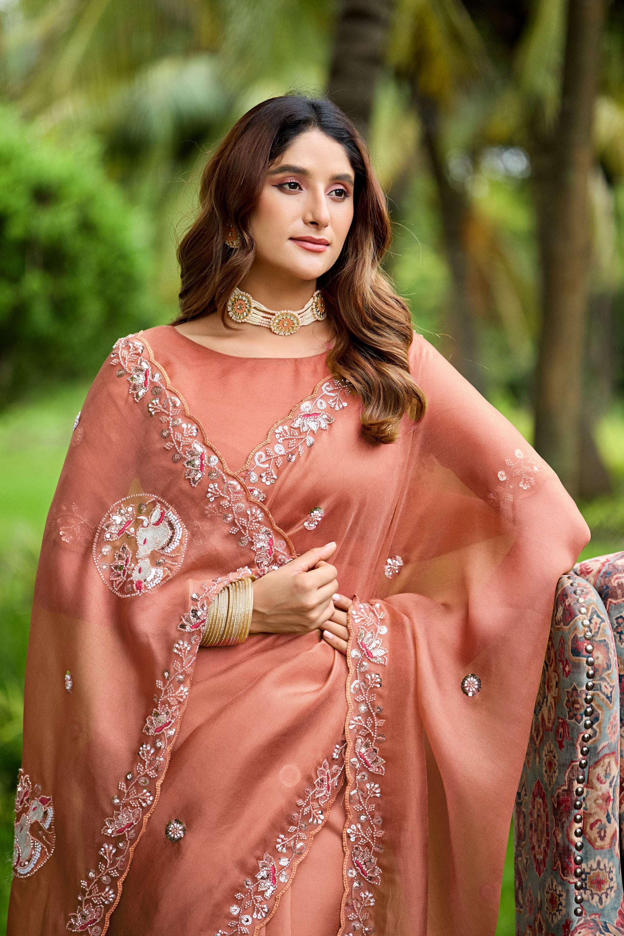 ALKA Tissue Embroidered Sequin Embellished Saree - Light Gajri