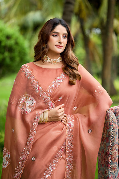 ALKA Tissue Embroidered Sequin Embellished Saree - Light Gajri