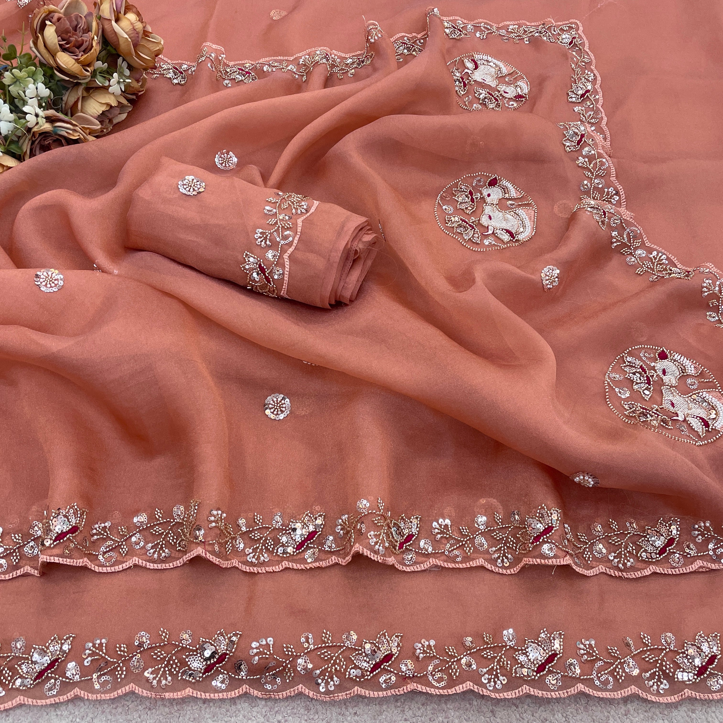 ALKA Tissue Embroidered Sequin Embellished Saree - Light Gajri