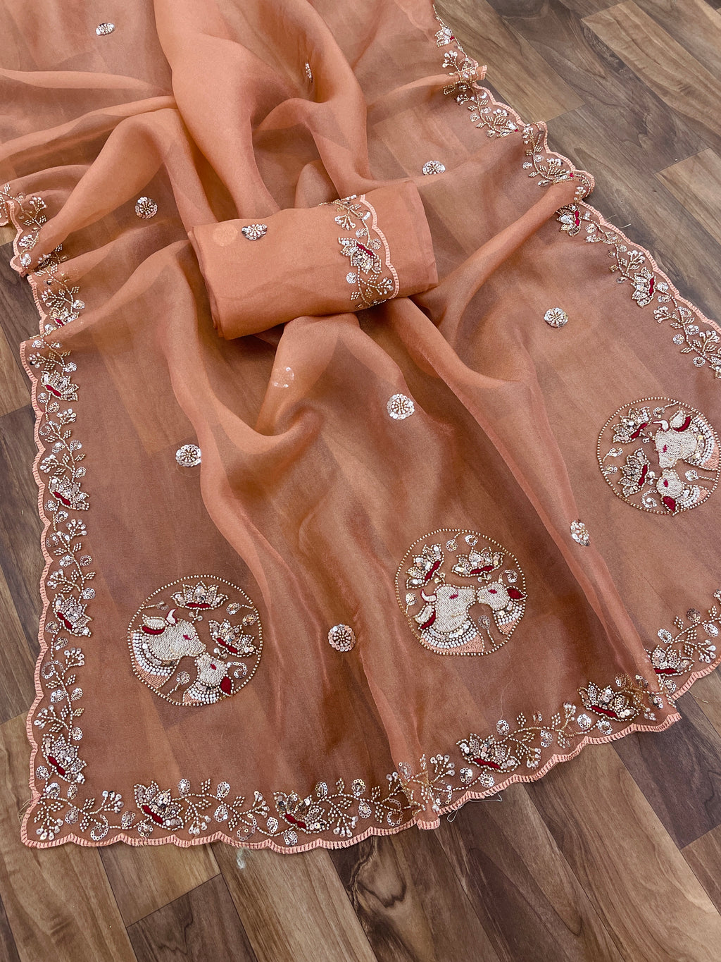 ALKA Tissue Embroidered Sequin Embellished Saree - Light Gajri