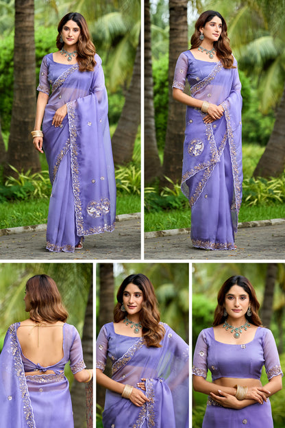 ALKA Tissue Embroidered Sequin Embellished Saree - Light Lavendar