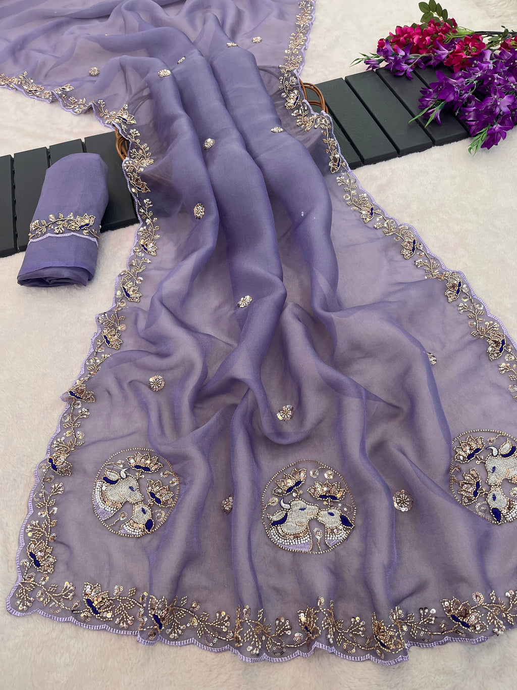 ALKA Tissue Embroidered Sequin Embellished Saree - Light Lavendar